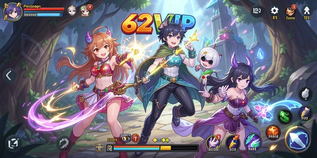 Tampilan gameplay 62VIP menampilkan aksi seru penuh karakter Anime.