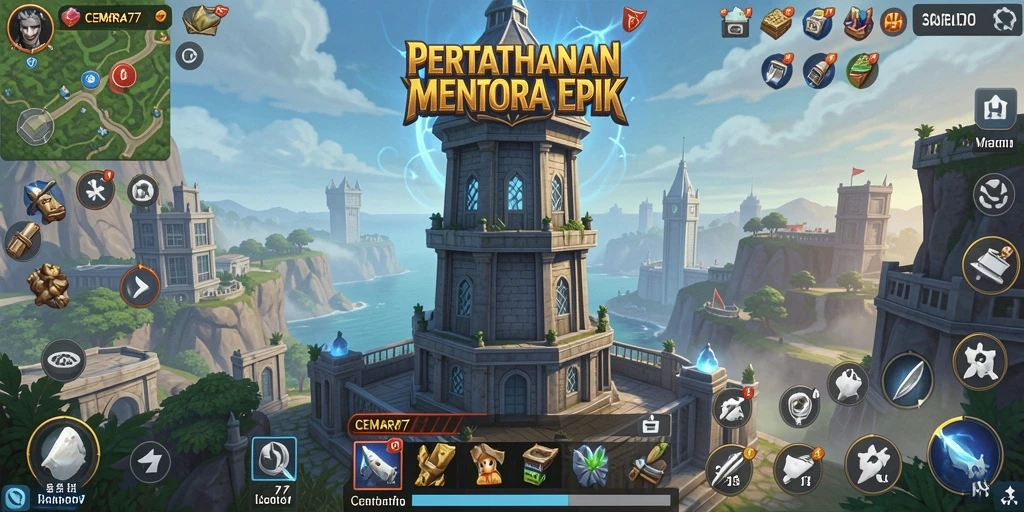 Tampilan gameplay CEMARA77 dengan menara yang strategis dan musuh yang menyerang.
