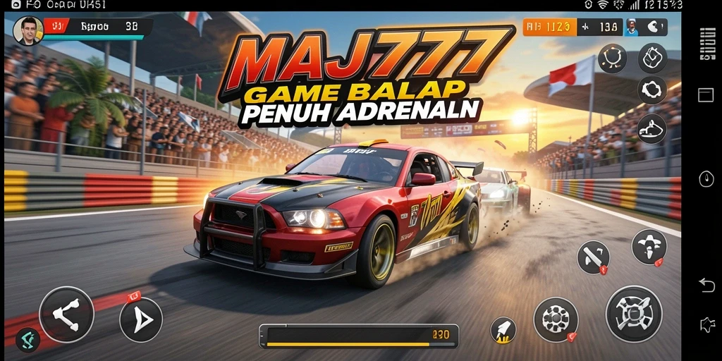 Screenshot utama MAJ777 menampilkan aksi balap yang seru dengan mobil berkecepatan tinggi.