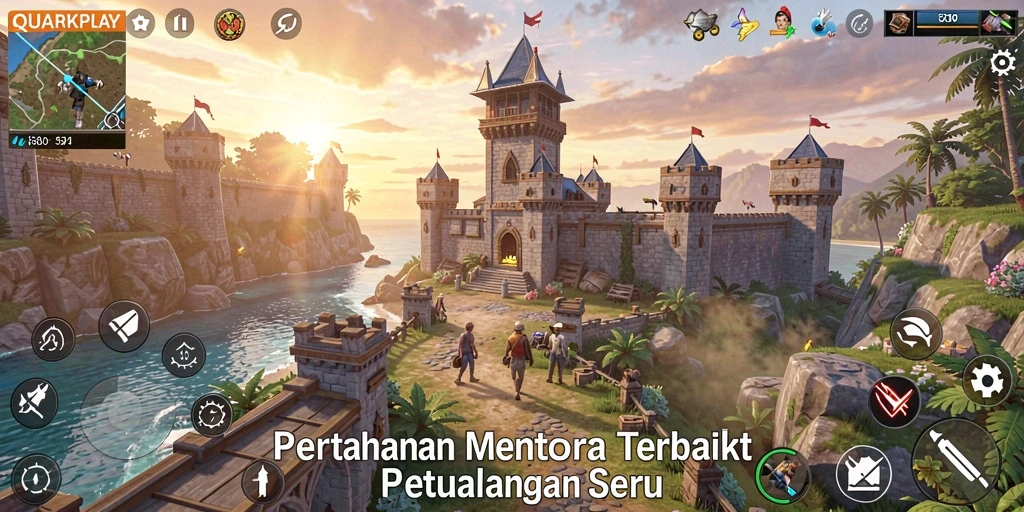 Screenshot dari gameplay seru QUARKPLAY dengan menara beragam.
